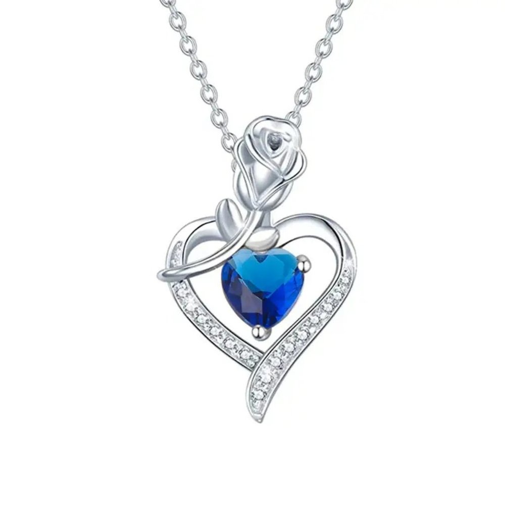 New Rose & Heart Shape Inlaid Shiny Zircon Elegant December Birthstone Necklace
